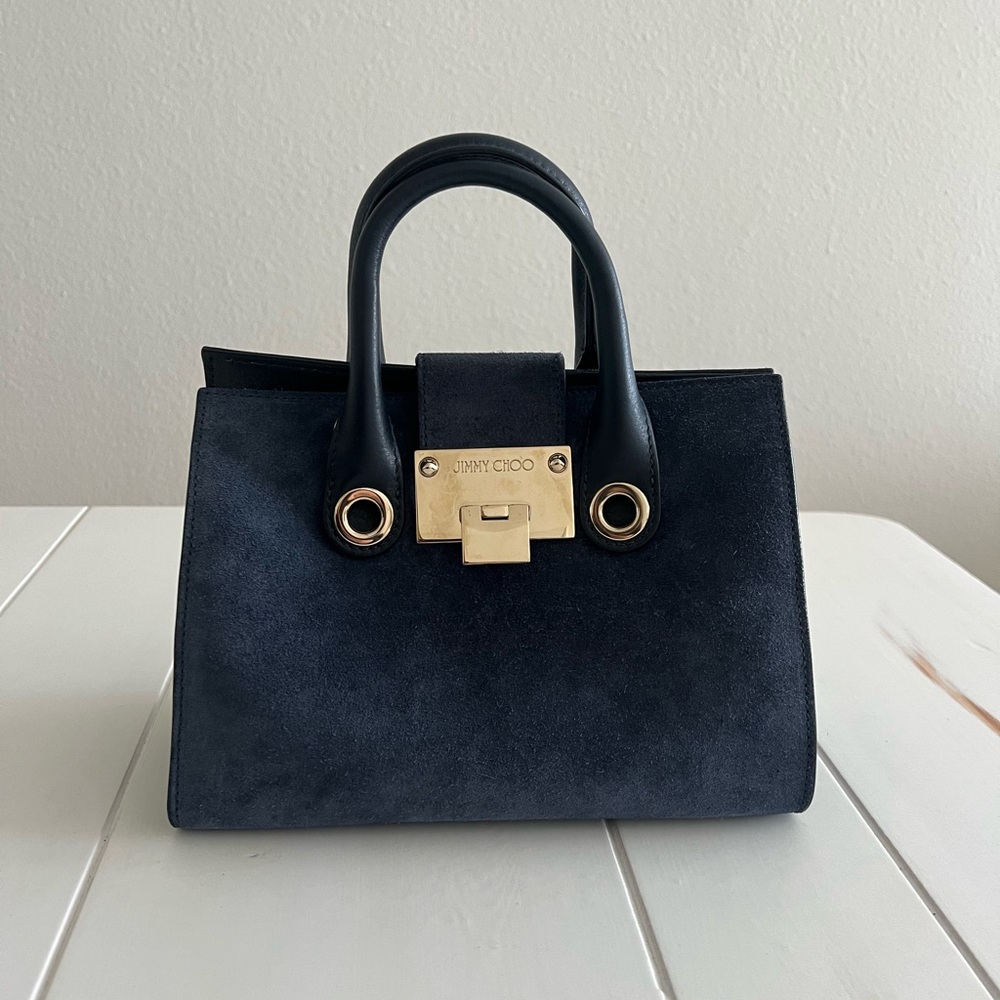 Jimmy Choo Navy Denim Tan Suede Mini Small Top Handle Bag Gold with Strap Loops